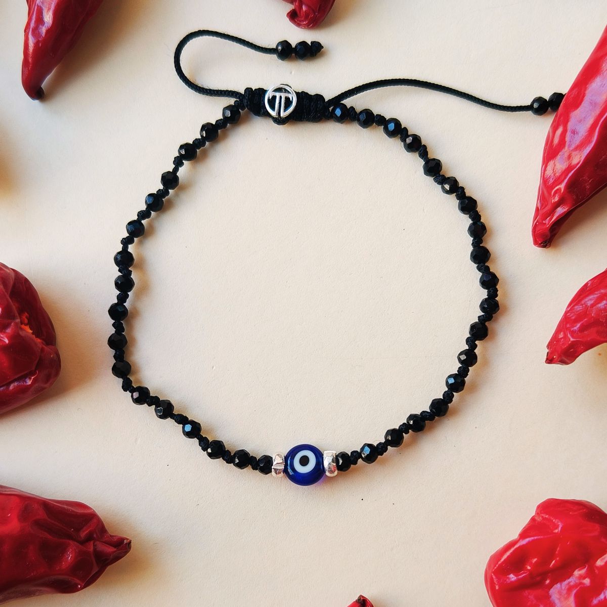 Single- Turkish Evileye Anklet with Black Onyx Beads