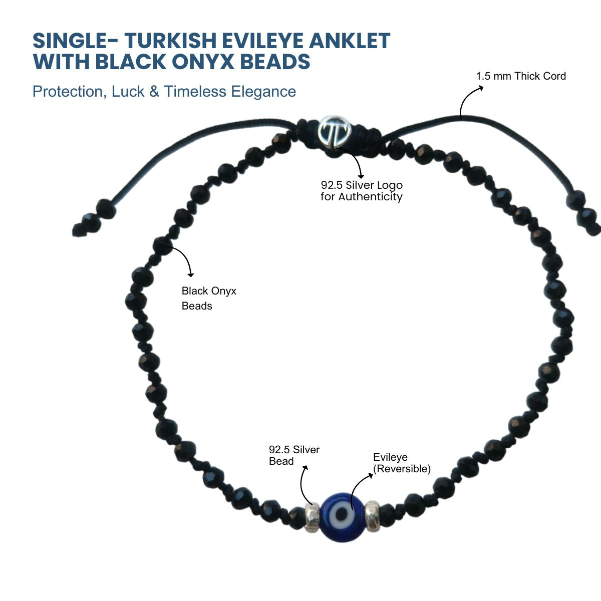 Single- Turkish Evileye Anklet with Black Onyx Beads