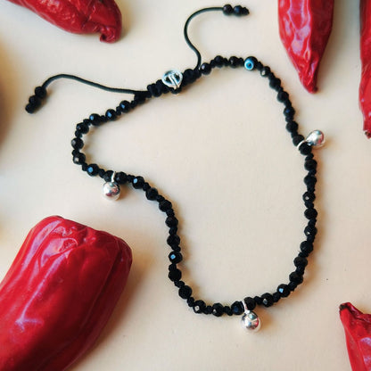 Silver Ghungroo Anklet Black Onyx Beads