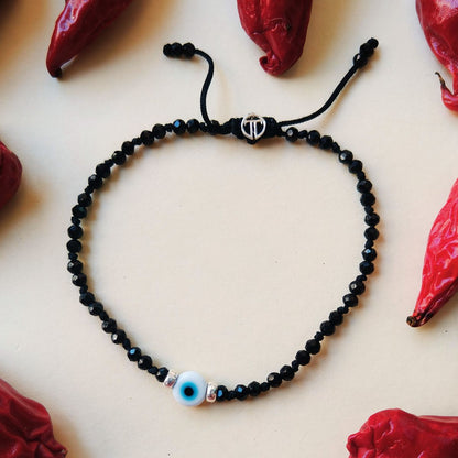 Single- Nazar White Evileye Anklet with Black Onyx Beads