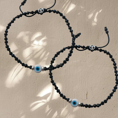 Pair- Turkish White Evileye Anklet with Black Onyx Beads