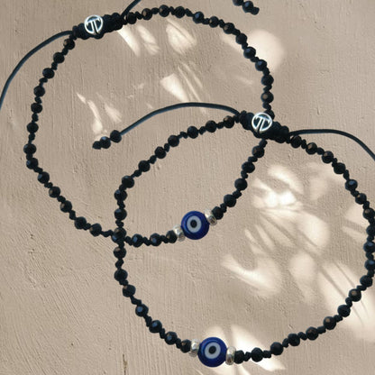 Pair- Turkish Evileye Anklet with Black Onyx Beads