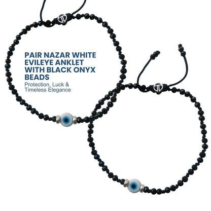 Pair- Turkish White Evileye Anklet with Black Onyx Beads