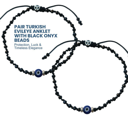 Pair- Turkish Evileye Anklet with Black Onyx Beads