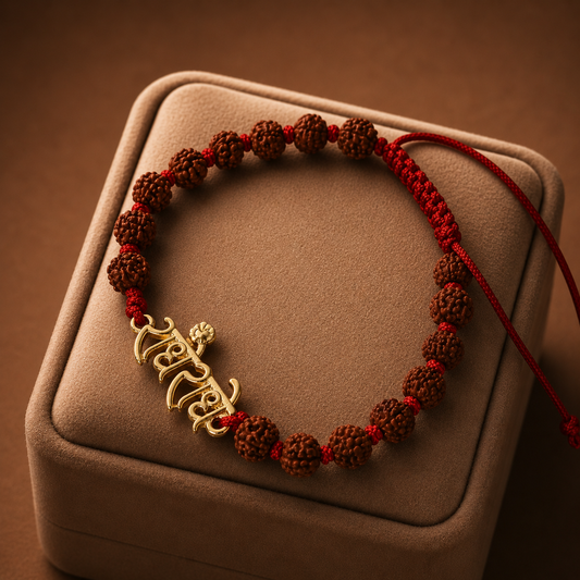 Red- Radhe Radhe Bracelet with 5 Mukhi Nepali Rudraksh