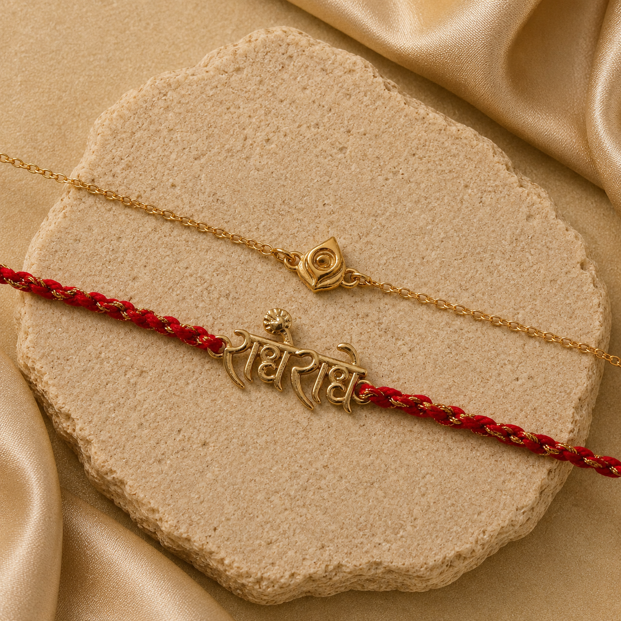 Combo- Radhe Radhe Rakhi & Mini Morpankh Bracelet in 22K Gold Plating