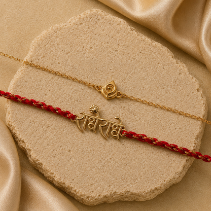 Combo- Radhe Radhe Rakhi & Mini Morpankh Bracelet in 22K Gold Plating