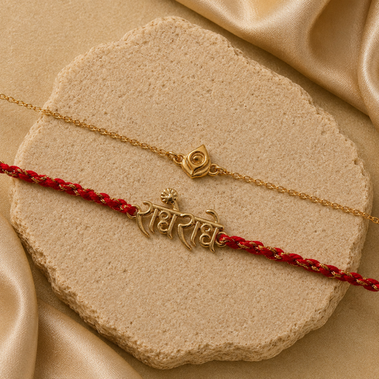 Combo- Radhe Radhe Rakhi & Mini Morpankh Bracelet in 22K Gold Plating