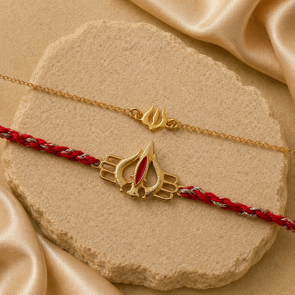 Combo- Mahadev Trishul Rakhi & Mini Trishul Bracelet in 22K Gold Plating
