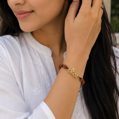 Radhe Radhe Bracelet with 5 Mukhi Nepali Rudraksh