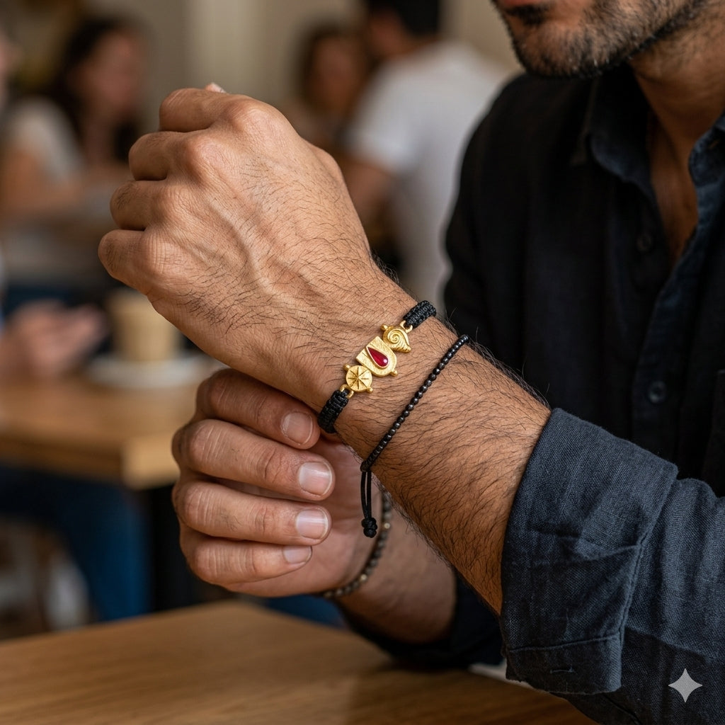 Men’s Narayan Kavach Bracelet with Black Strap in 22K Gold Plating